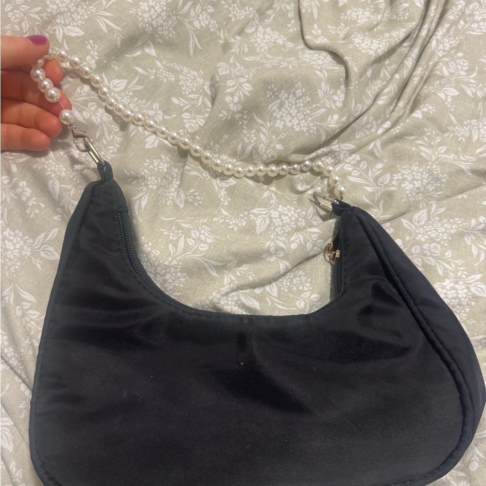 Black Crescent Shoulder Bag with Pearl Strap - Picture 2 of 2